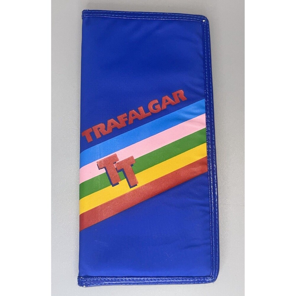 Vtg 80s Trafalgar Travel Passport Wallet Blue Bifold Rainbow Logo 4.75x9.25